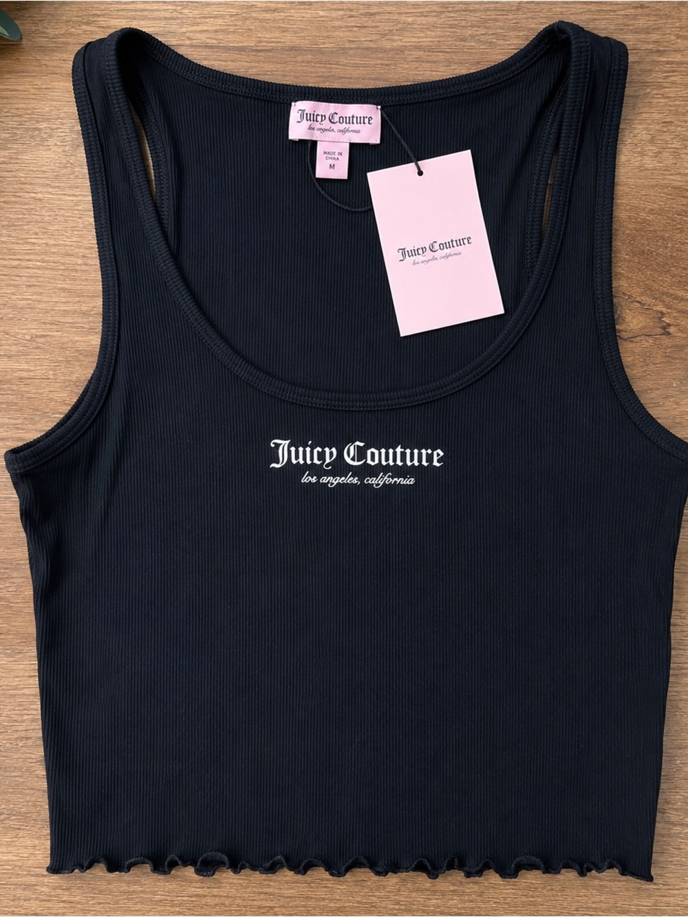 Juicy Couture Black Ribbed Tank Top Lettuce Hem Y2K Size M NWT